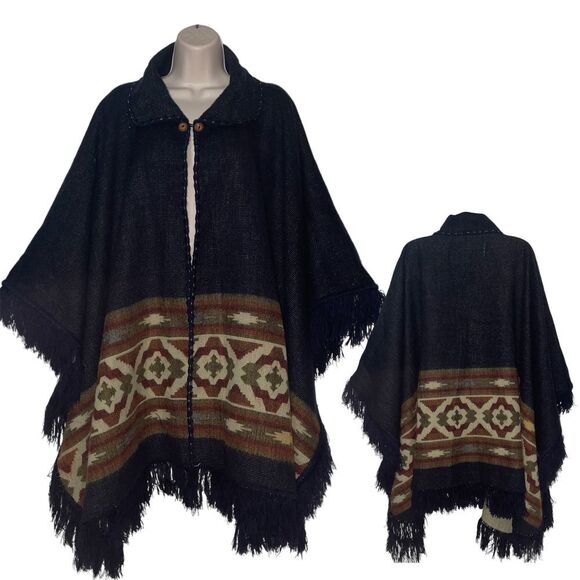 Ecuatorian lightweight baby alpaca wool poncho denim blue aztec pattern unisex‎ - Picture 1 of 14